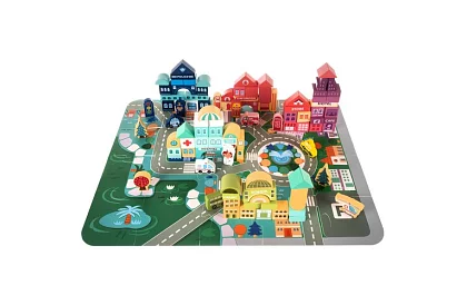 Fából készült város építőelemek 100 db alaplappal és formaválogatóval