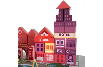 Fából készült város építőelemek 100 db alaplappal és formaválogatóval