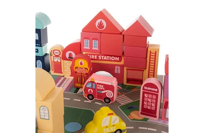 Fából készült város építőelemek 100 db alaplappal és formaválogatóval