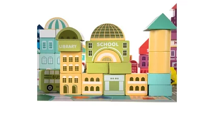 Fából készült város építőelemek 100 db alaplappal és formaválogatóval