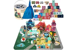 Fából készült város építőelemek 100 db alaplappal és formaválogatóval