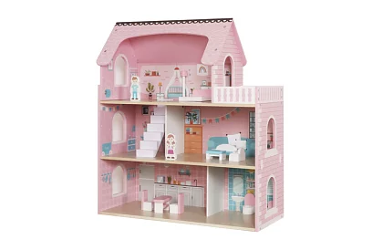 Fából házikó a babák számára LED világítással + bútorok és kiegészítők