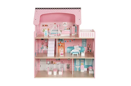 Fából házikó a babák számára LED világítással + bútorok és kiegészítők