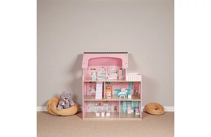 Fából házikó a babák számára LED világítással + bútorok és kiegészítők