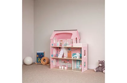 Fából házikó a babák számára LED világítással + bútorok és kiegészítők