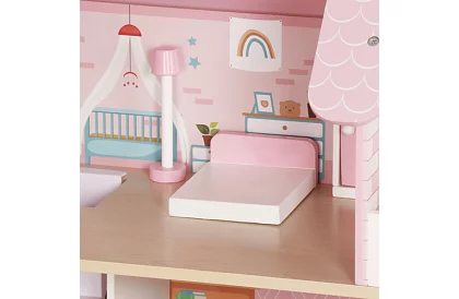 Fából házikó a babák számára LED világítással + bútorok és kiegészítők