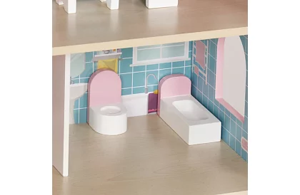 Fából házikó a babák számára LED világítással + bútorok és kiegészítők