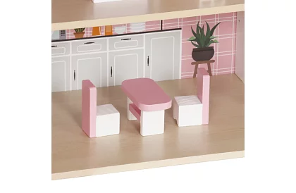 Fából házikó a babák számára LED világítással + bútorok és kiegészítők