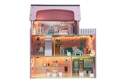 Fából házikó a babák számára LED világítással + bútorok és kiegészítők