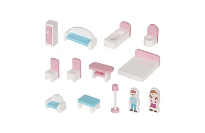 Fából házikó a babák számára LED világítással + bútorok és kiegészítők