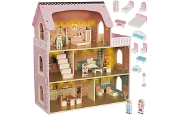 Fából házikó a babák számára LED világítással + bútorok és kiegészítők