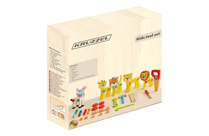 Fából készült láda szerszámokkal és állatokkal - csavarozható elemek