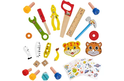 Fából készült láda szerszámokkal és állatokkal - csavarozható elemek