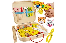 Fából készült láda szerszámokkal és állatokkal - csavarozható elemek