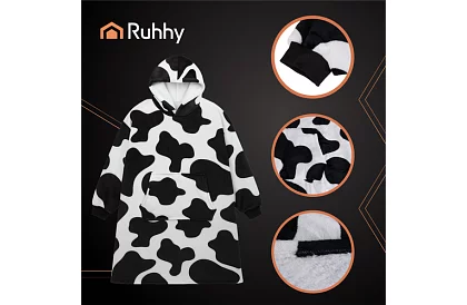 Oversize meleg hosszú kapucnis pulóver – fekete-fehér tehén minta