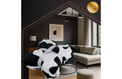 Oversize meleg hosszú kapucnis pulóver – fekete-fehér tehén minta