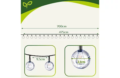 Dekoratív kültéri napenergiás lánc Balls – 7 méter, meleg fehér