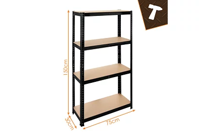 Raktározási fekete fém polc, 4 polc - 150x75x30 cm