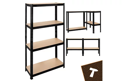 Raktározási fekete fém polc, 4 polc - 150x75x30 cm