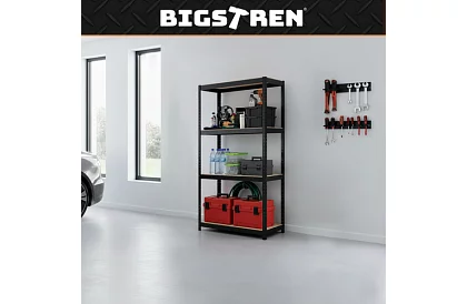 Raktározási fekete fém polc, 4 polc - 150x75x30 cm