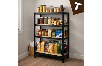 Raktározási fekete fém polc, 4 polc - 150x75x30 cm