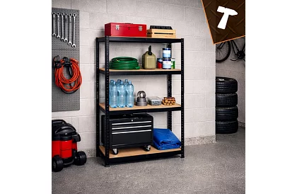 Raktározási fekete fém polc, 4 polc - 150x75x30 cm