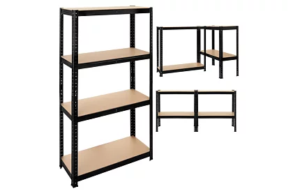 Raktározási fekete fém polc, 4 polc - 150x75x30 cm