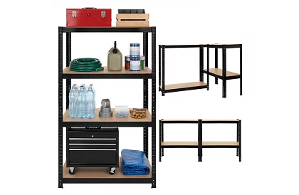 Raktározási fekete fém polc, 4 polc - 150x75x30 cm