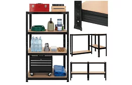 Raktározási fekete fém polc, 4 polc - 150x75x30 cm