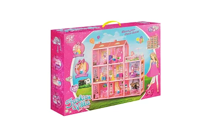 Háromszintes babaház erkélyes + baba + 22 darab bútor