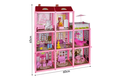 Háromszintes babaház erkélyes + baba + 22 darab bútor