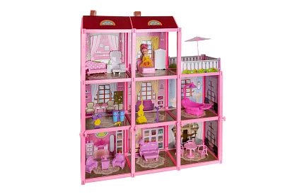 Háromszintes babaház erkélyes + baba + 22 darab bútor