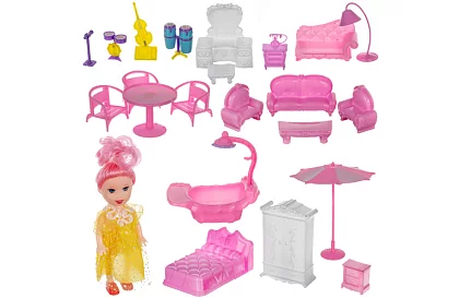 Háromszintes babaház erkélyes + baba + 22 darab bútor