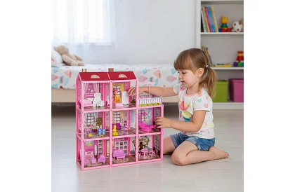 Háromszintes babaház erkélyes + baba + 22 darab bútor