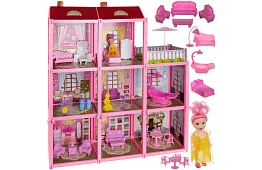 Háromszintes babaház erkélyes + baba + 22 darab bútor