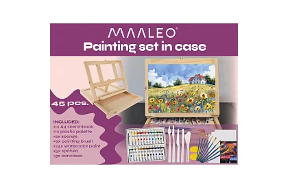 Művészi festőkészlet 45 darab fából készült tokban állvánnyal