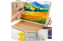 Művészi festőkészlet 45 darab fából készült tokban állvánnyal