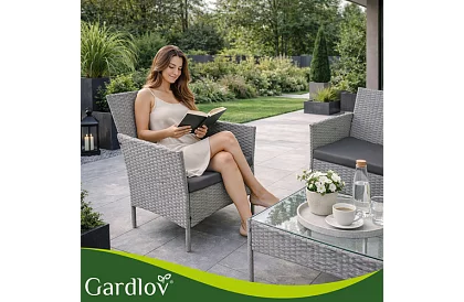 Kerti bútor szett – asztal, kanapé, 2 szék – szürke