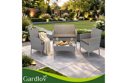 Kerti bútor szett – asztal, kanapé, 2 szék – szürke