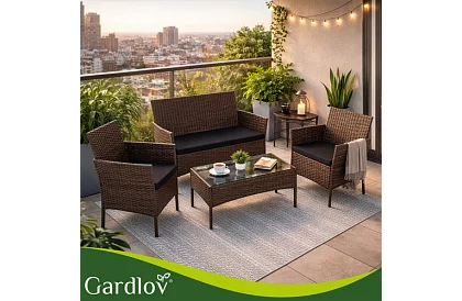 Kerti bútor szett – asztal, kanapé, 2 szék – barna