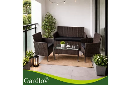 Kerti bútor szett – asztal, kanapé, 2 szék – barna