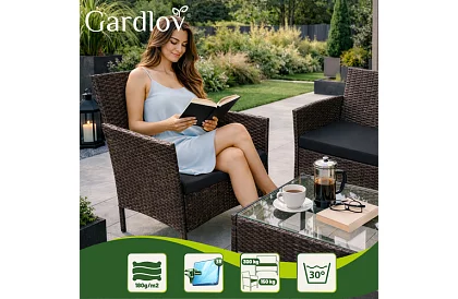 Kerti bútor szett – asztal, kanapé, 2 szék – barna