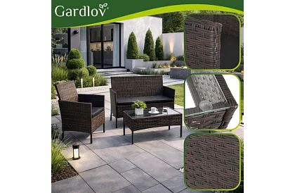 Kerti bútor szett – asztal, kanapé, 2 szék – barna