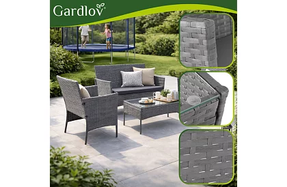 Kerti bútor szett – asztal, kanapé, 2 szék – sötétszürke