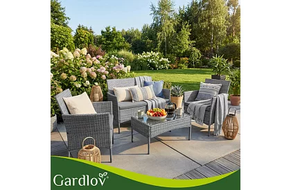 Kerti bútor szett – asztal, kanapé, 2 szék – sötétszürke