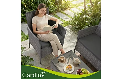 Kerti bútor szett – asztal, kanapé, 2 szék – sötétszürke