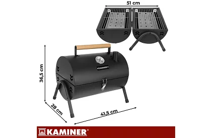 Kempinggrill faszenes fával – 2 rács, hőmérő