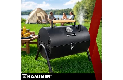 Kempinggrill faszenes fával – 2 rács, hőmérő