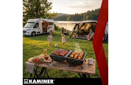 Kempinggrill faszenes fával – 2 rács, hőmérő