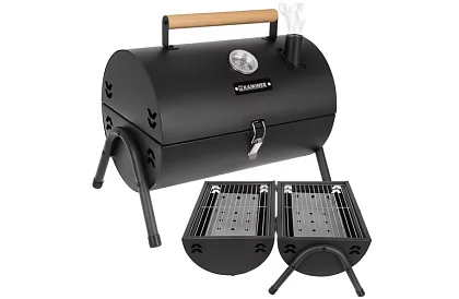 Kempinggrill faszenes fával – 2 rács, hőmérő